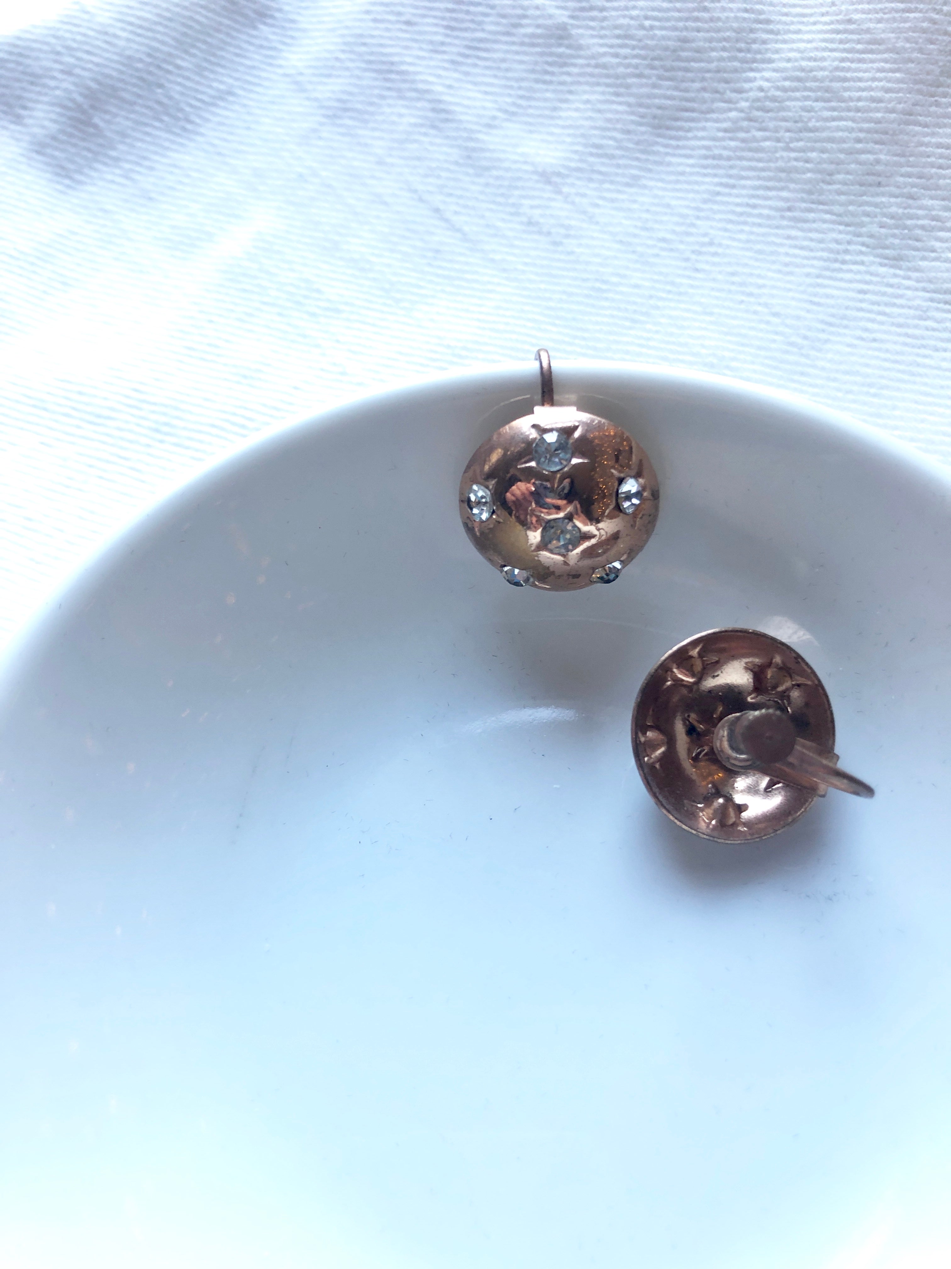 Vintage Rose Gold Dome Earrings with Clear Crystal