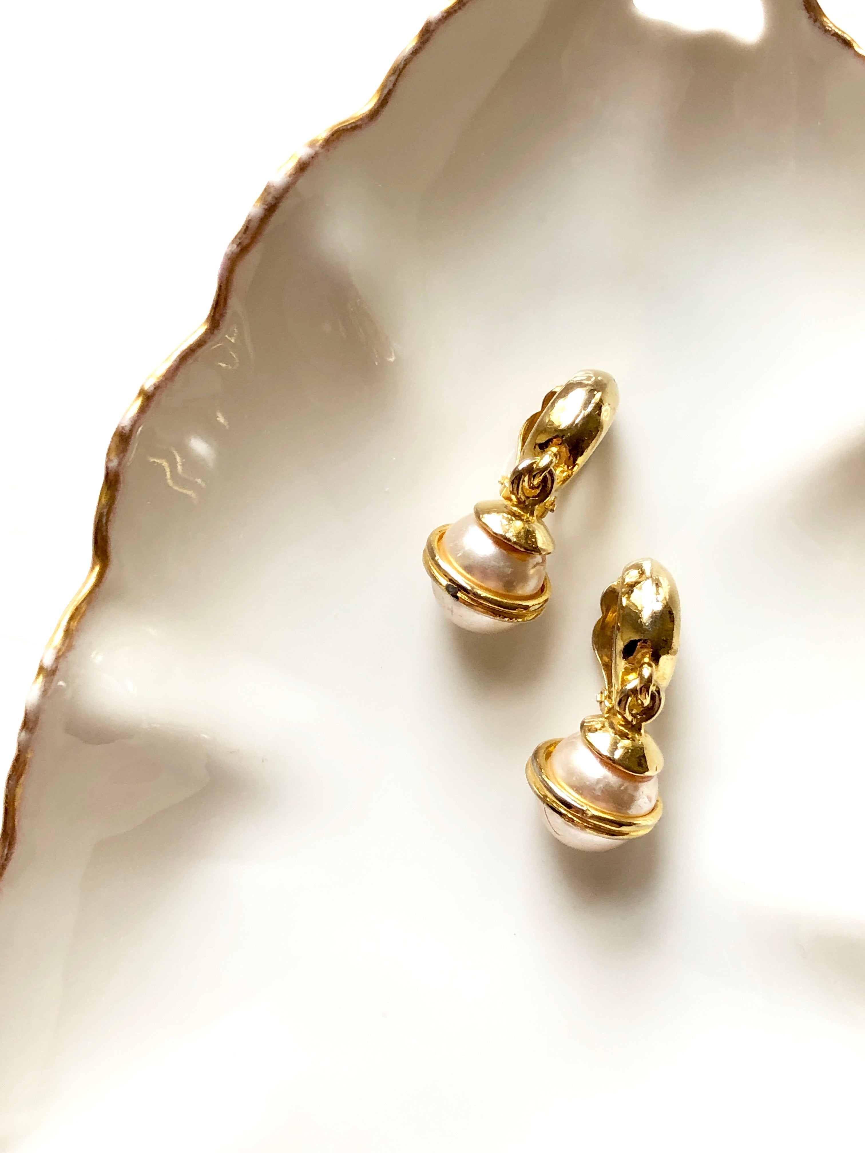 Vintage Sphere Pearl Gold Drop Earrings
