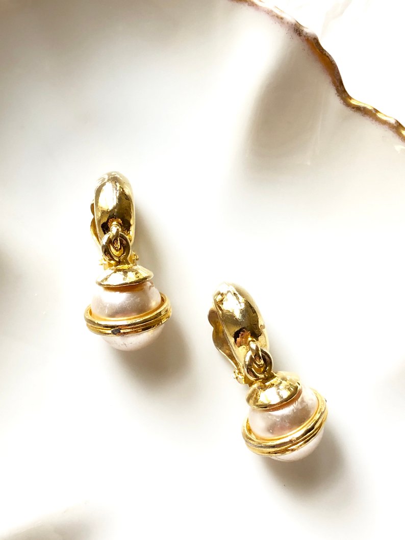 Vintage Sphere Pearl Gold Drop Earrings
