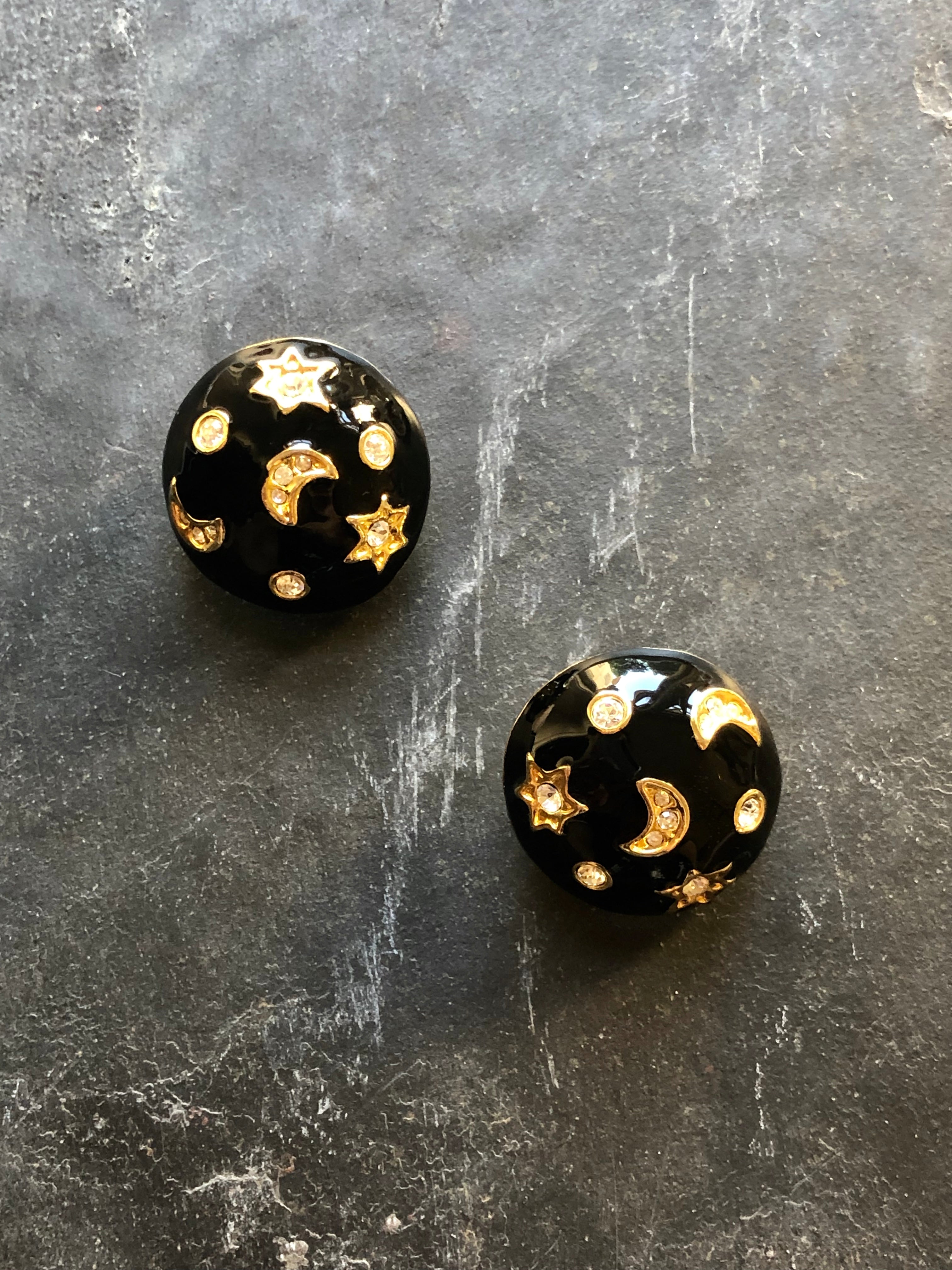 Starry Sky Black Enamel Circle 14k Gold Filled Post Earrings