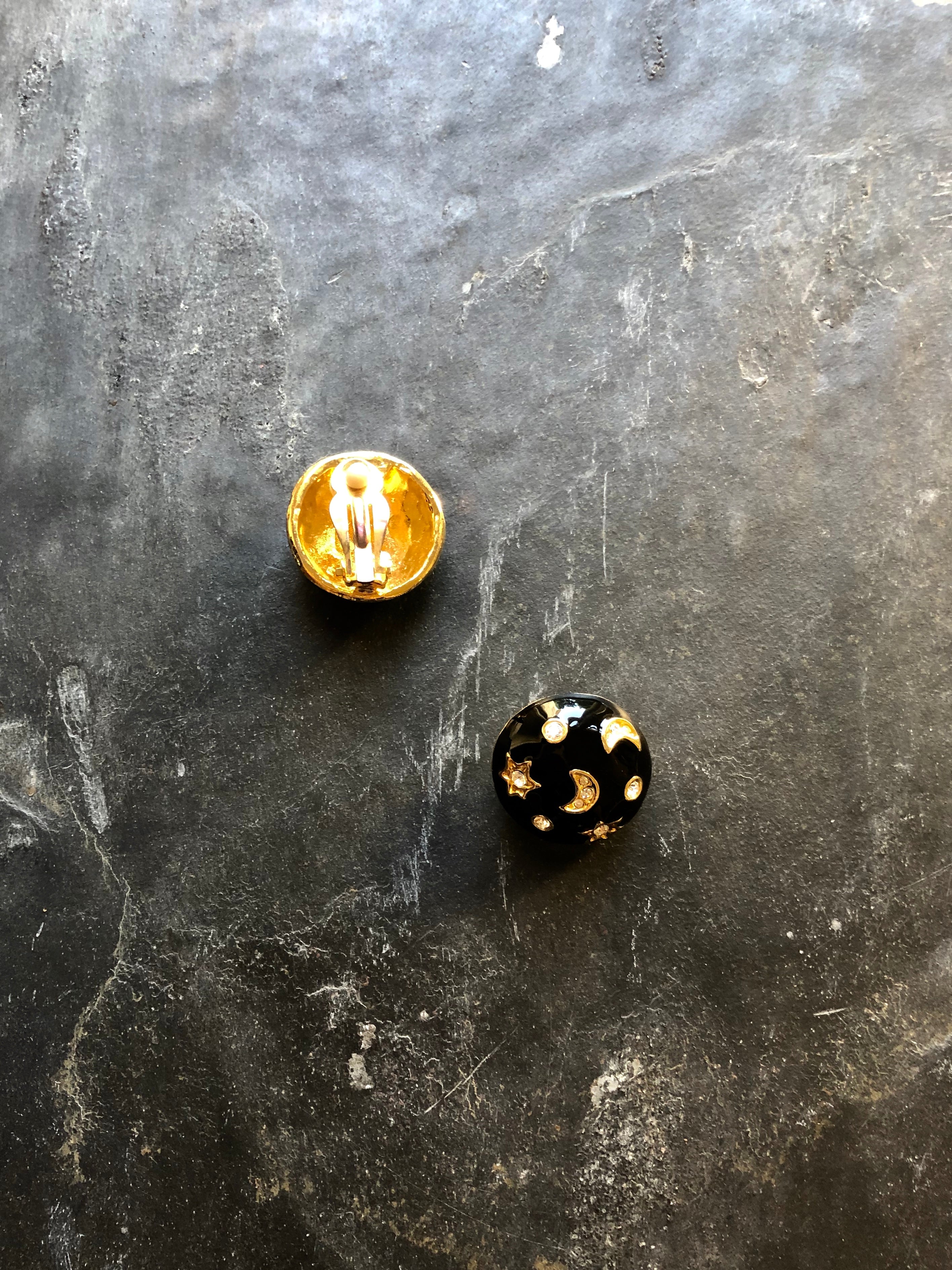 Starry Sky Black Enamel Circle 14k Gold Filled Post Earrings