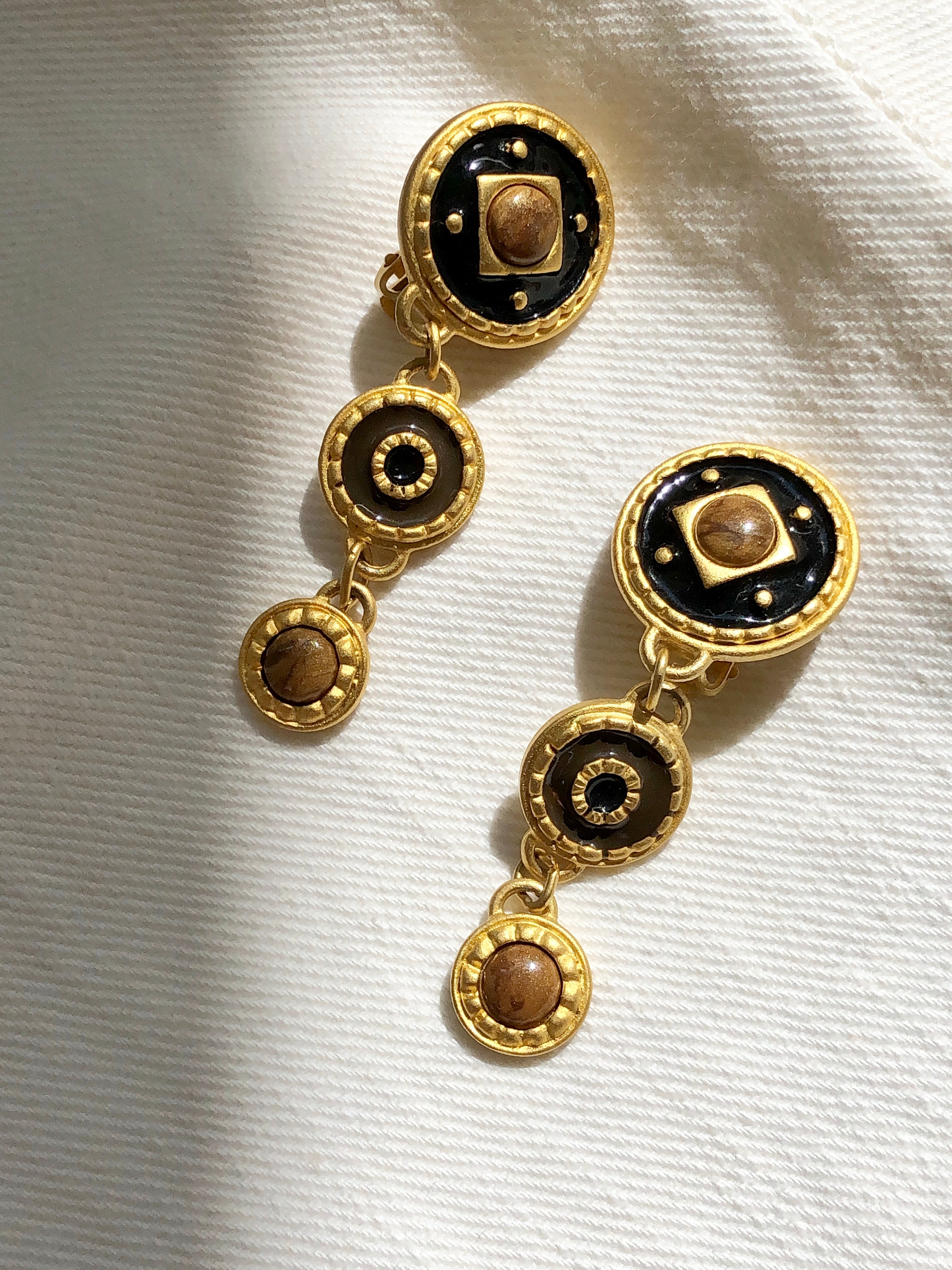 Three Circles Black Gold Dangle Earrings