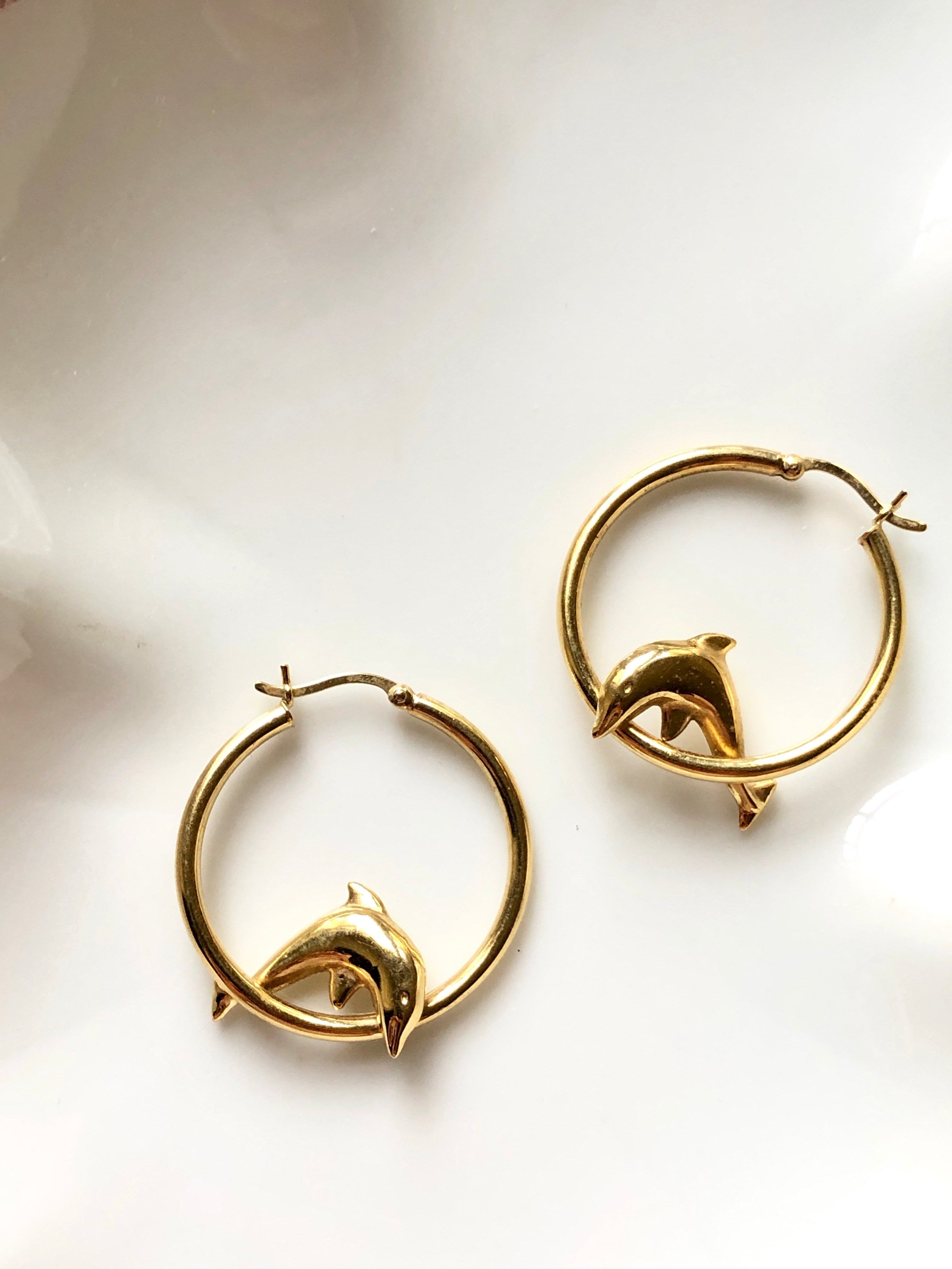 Tiny Dolphin Gold Hoop Statement Earrings