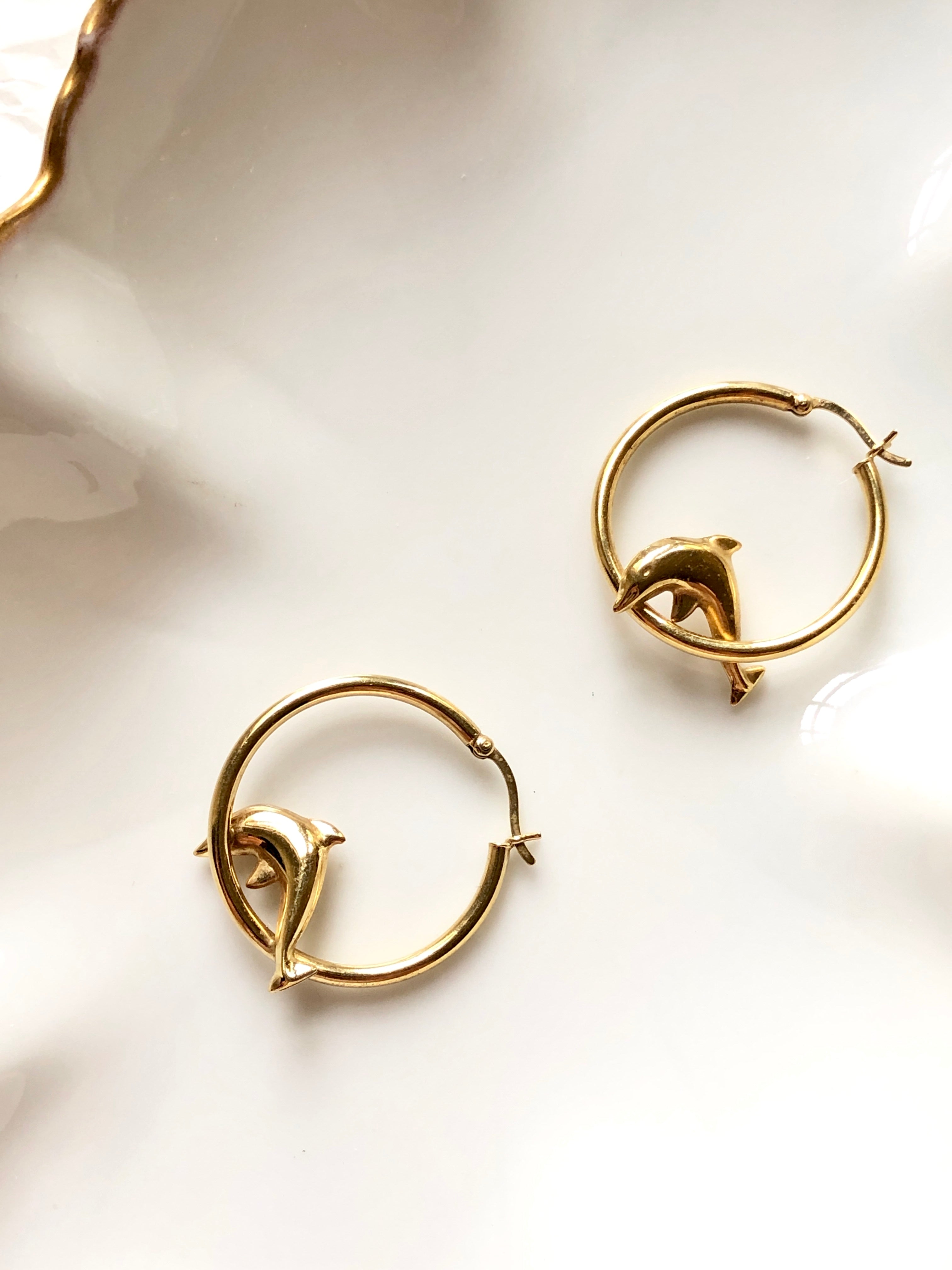 Tiny Dolphin Gold Hoop Statement Earrings