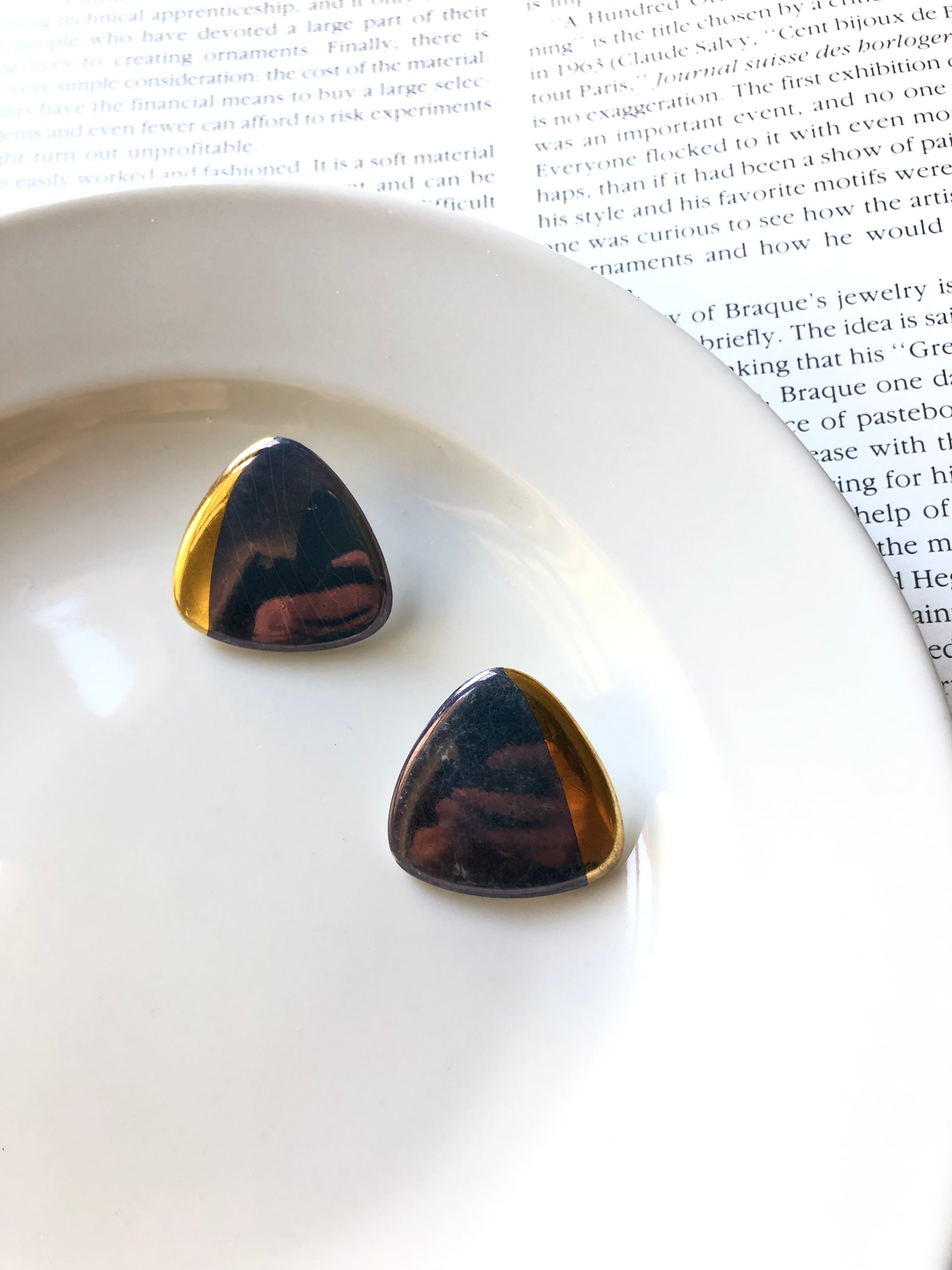 Trillion Gold Dipped Brown Porcelain Stud Earrings