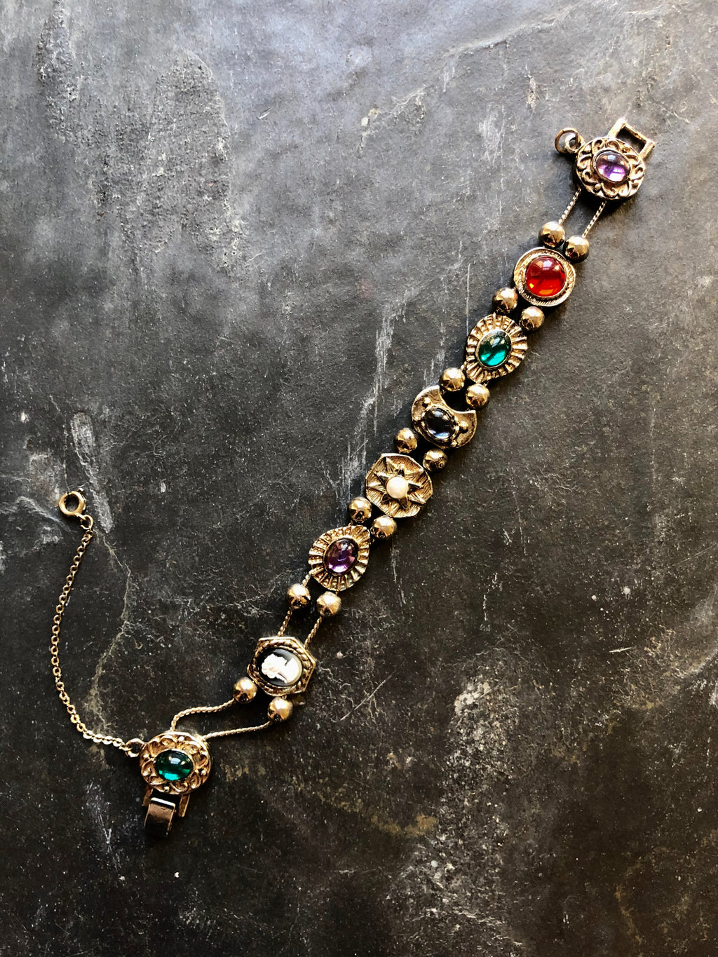 Victorian Multi-color Faux Gemstone Antique Silver Revival Slide Bracelet