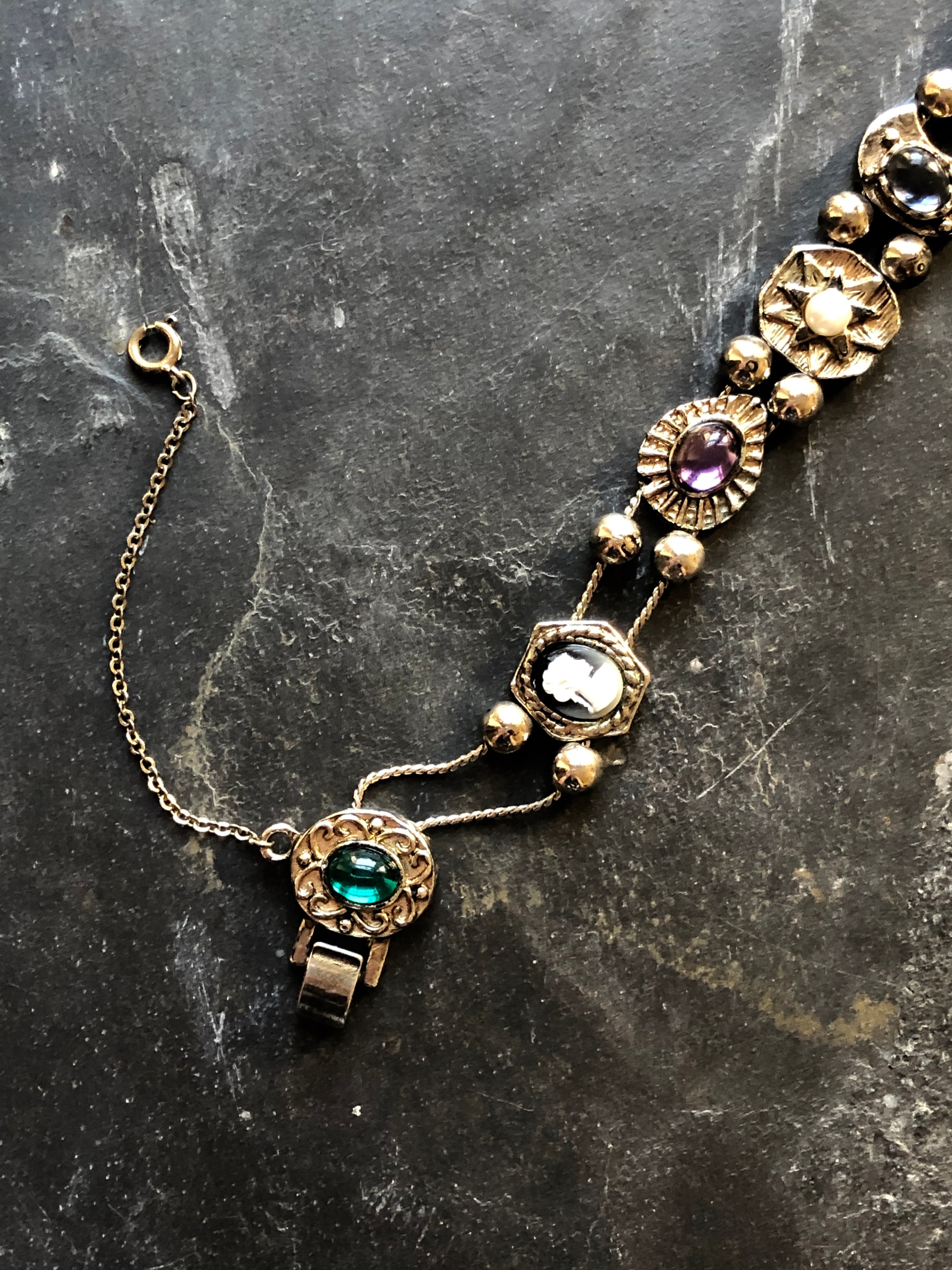 Victorian Multi-color Faux Gemstone Antique Silver Revival Slide Bracelet