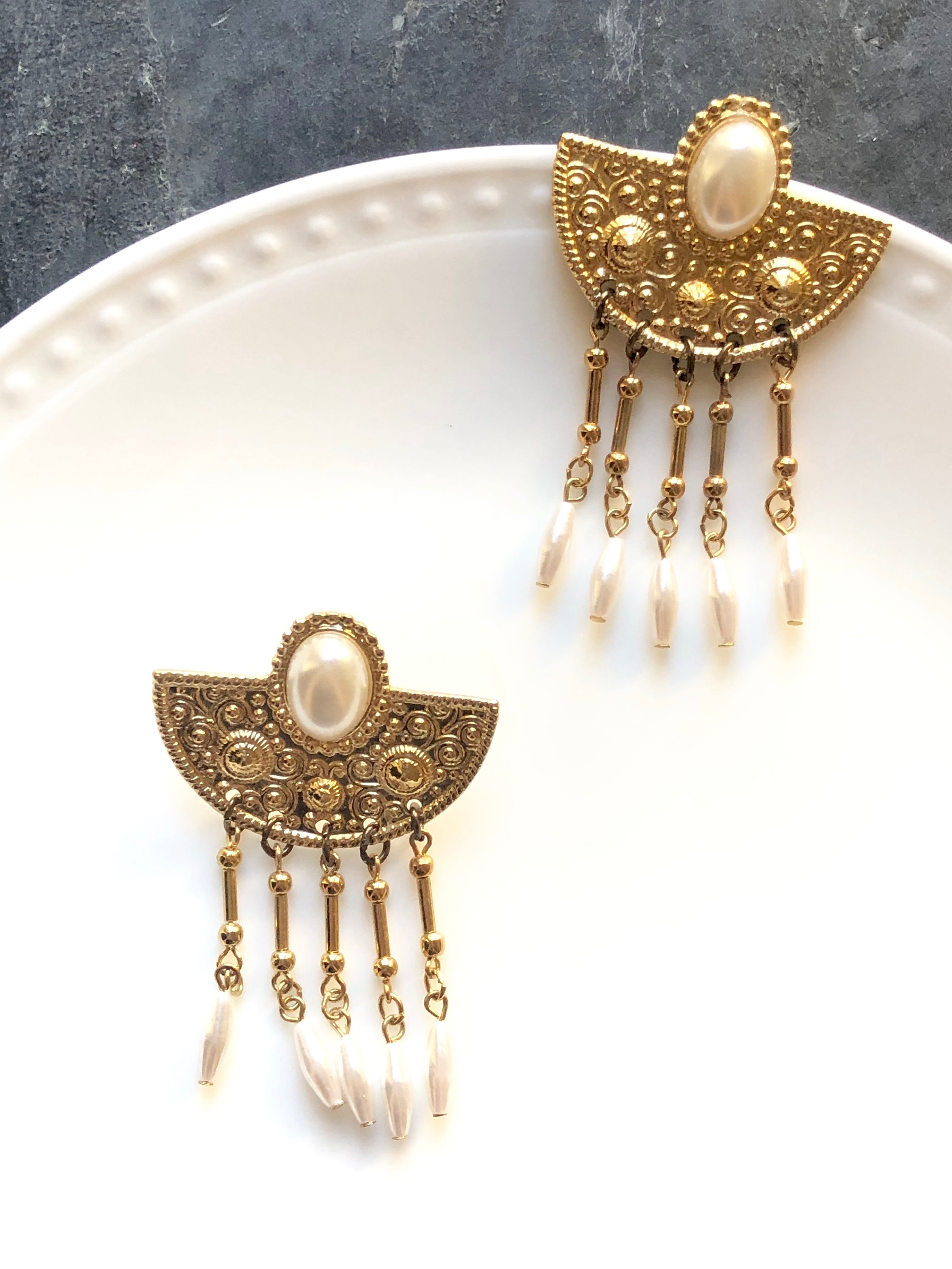 Victorian Semicircle Pearl Beads Tassels 14k Gold Statement Earrings