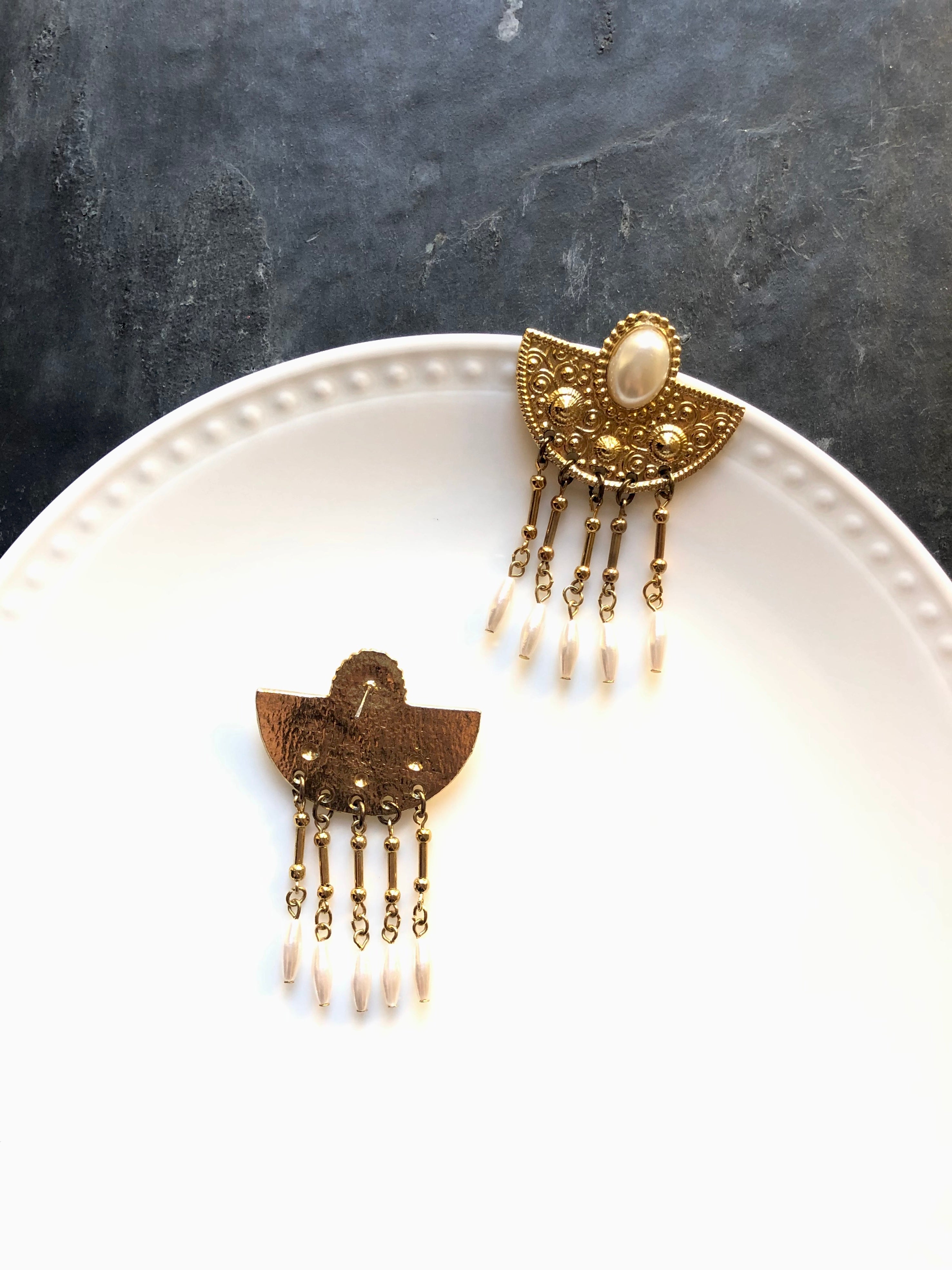 Victorian Semicircle Pearl Beads Tassels 14k Gold Statement Earrings