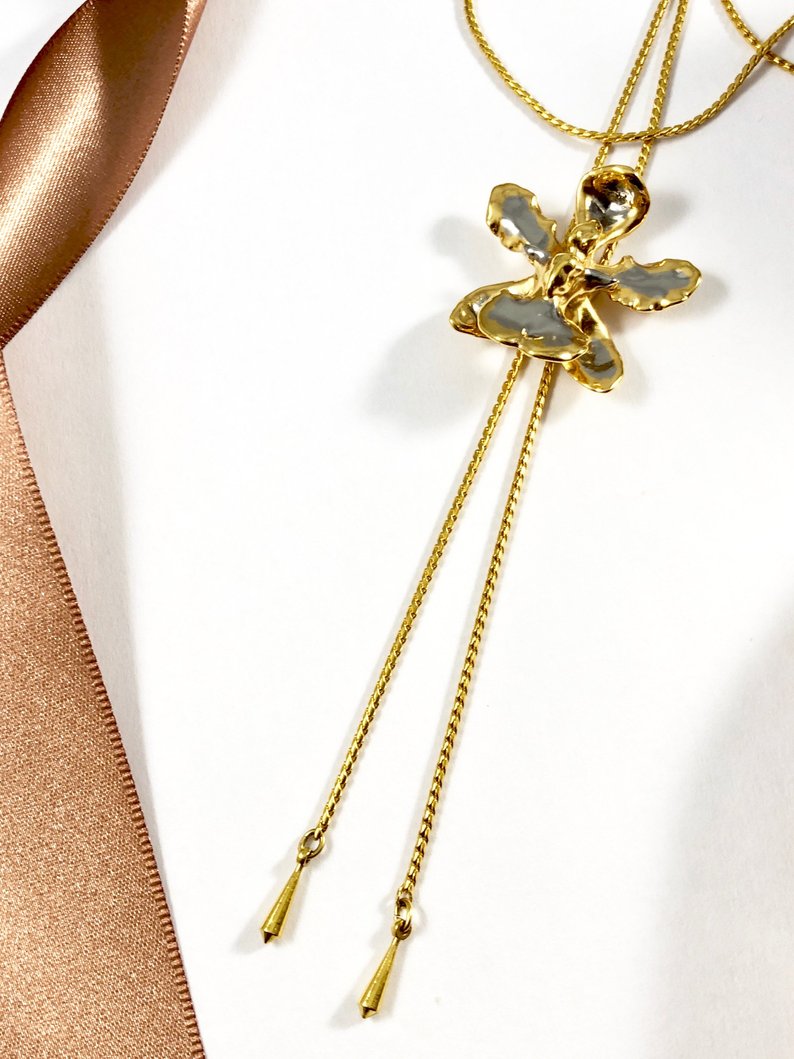 Vintage 80s Real Orchid in 24K Gold Slider Lariat Necklace