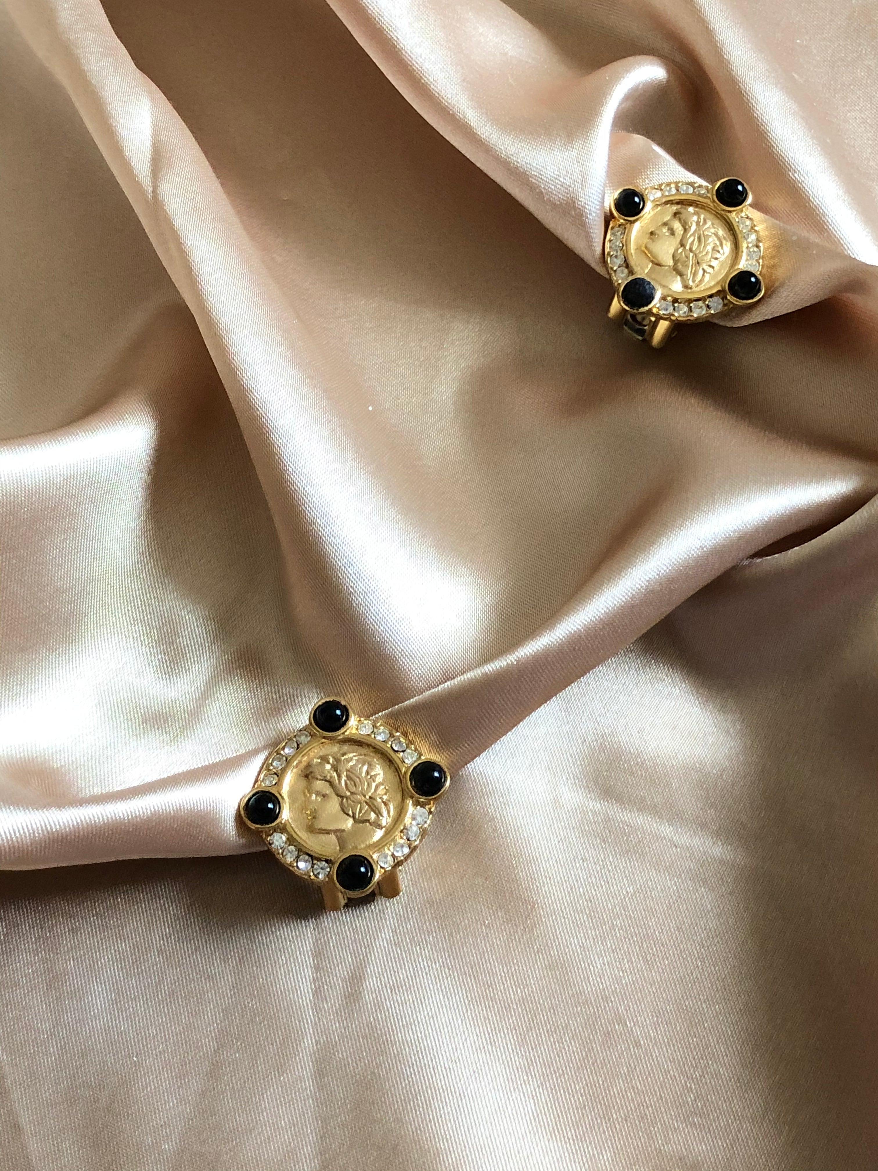 Vintage Medallion Black Crystals Gold Earrings