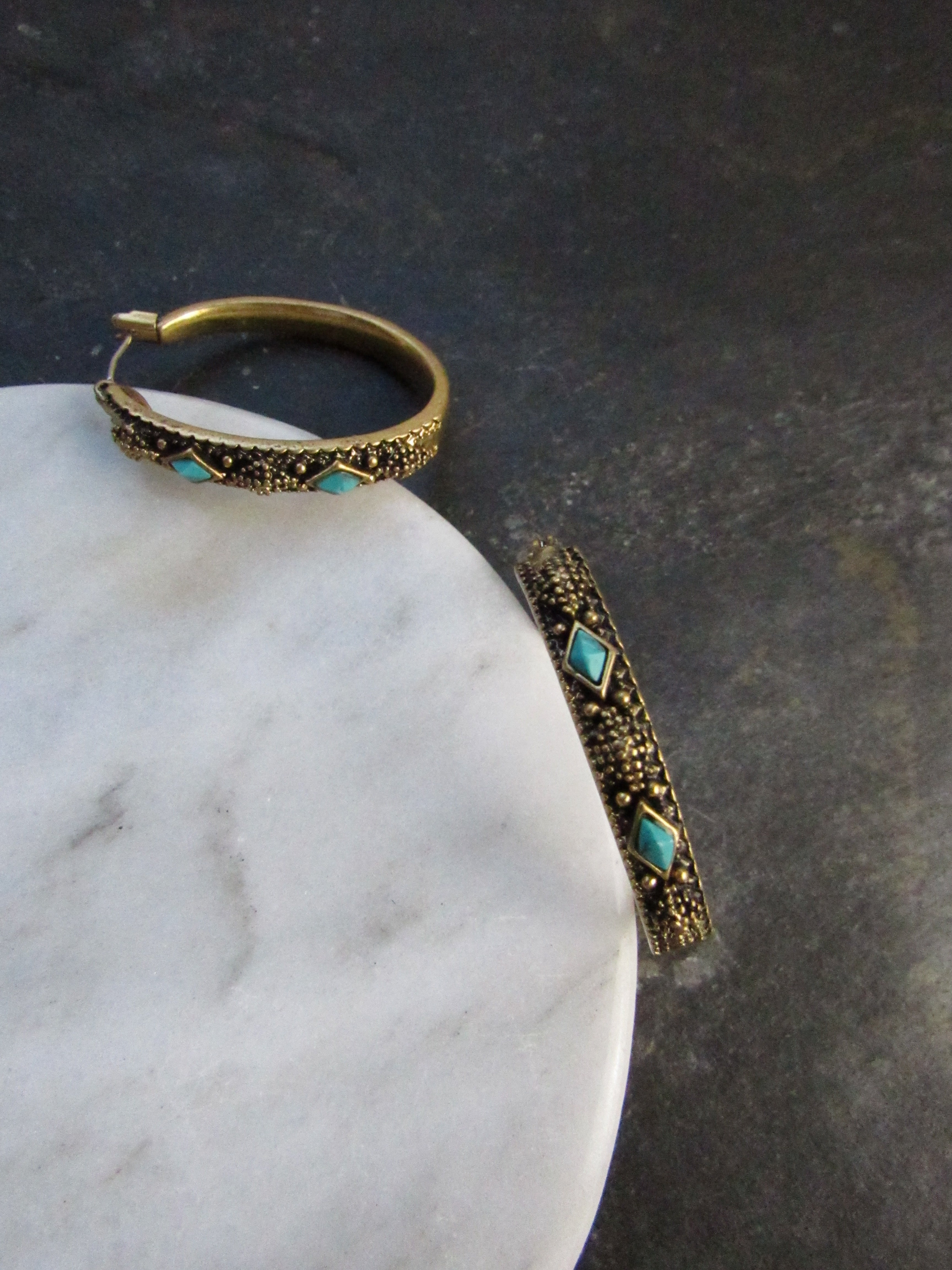 Diamond Faux Turquoise Antique Gold Hoop Earrings