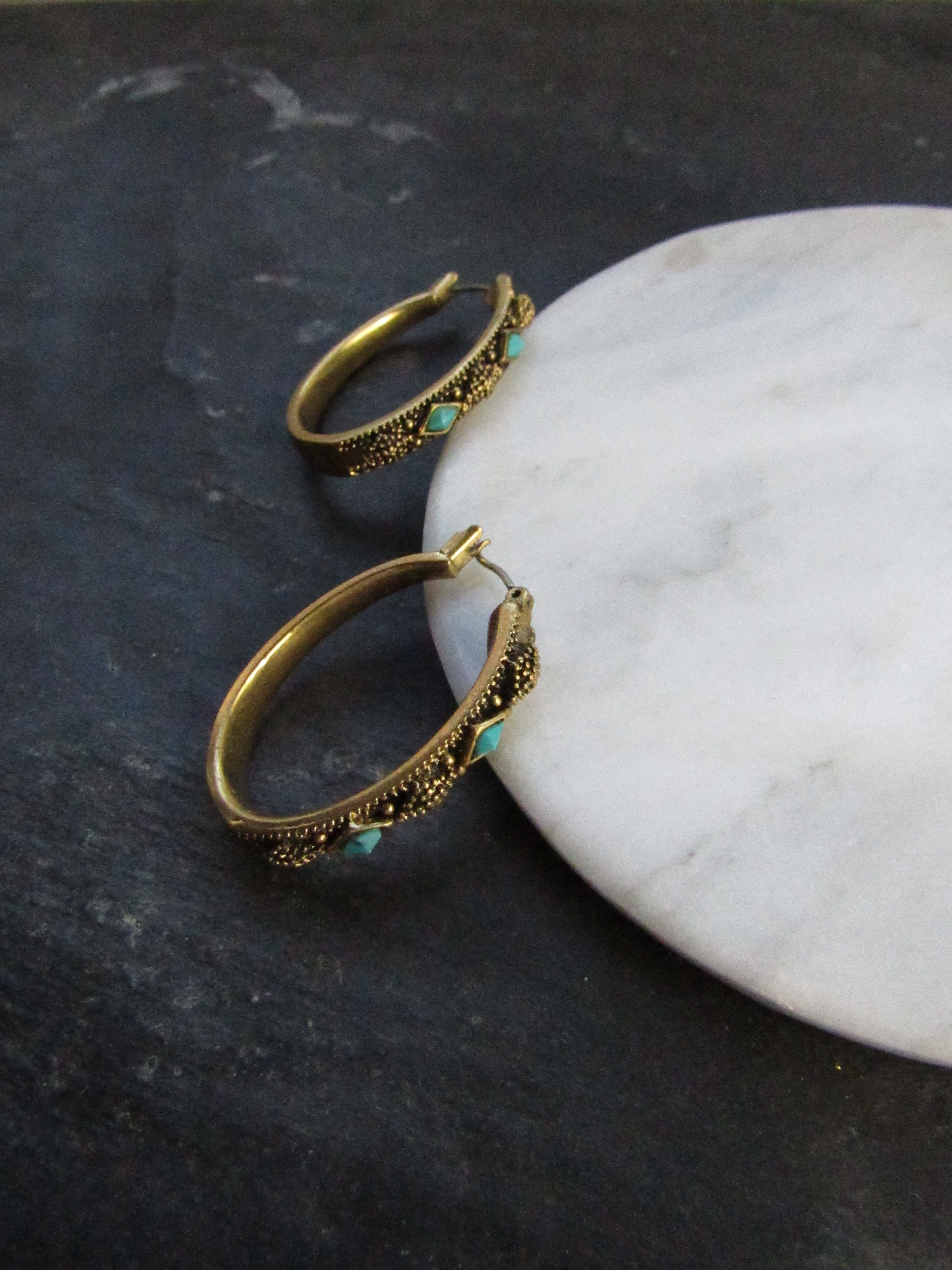 Diamond Faux Turquoise Antique Gold Hoop Earrings