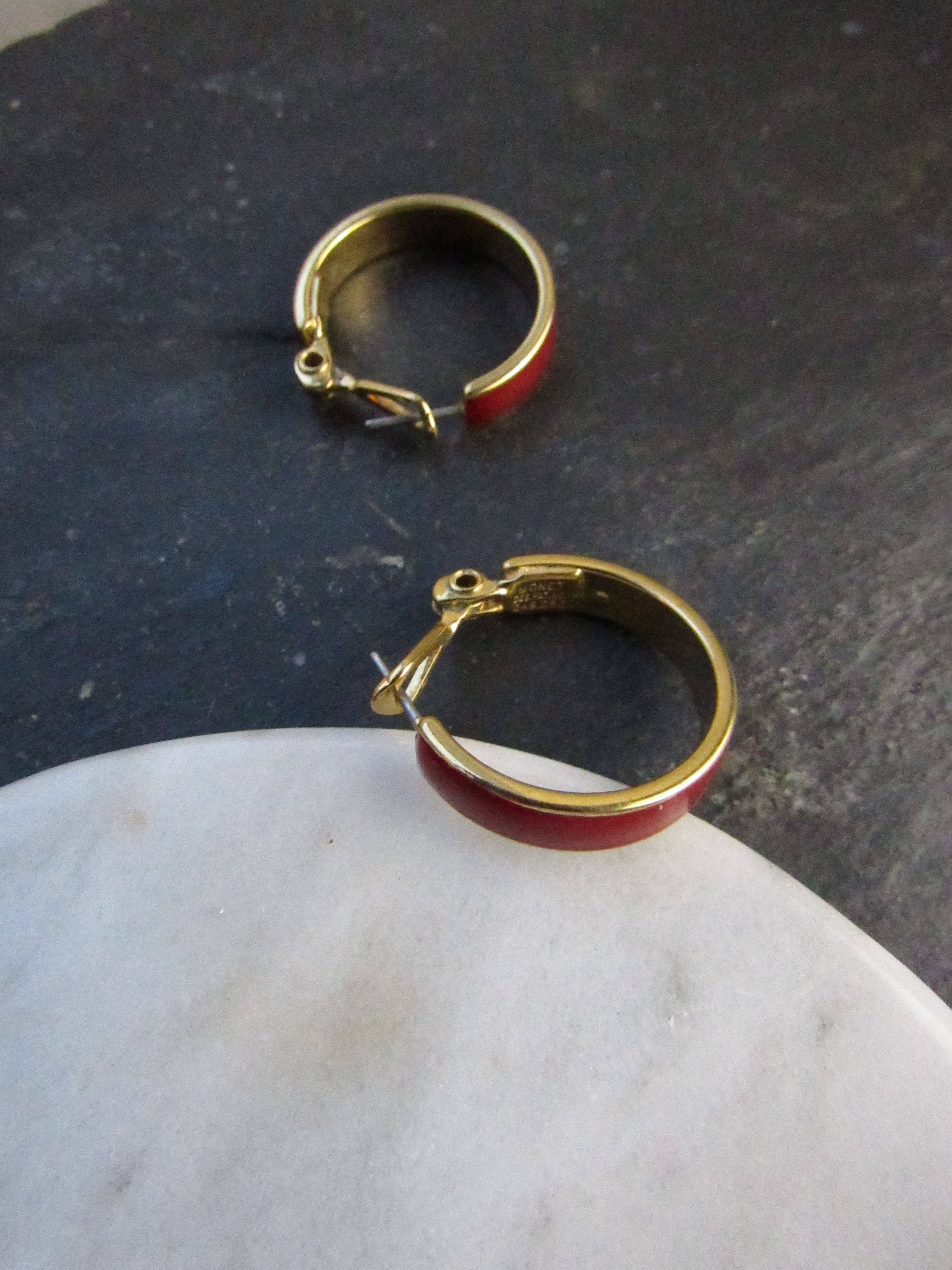 Monet Bloody Red Enamel Gold Hoop Earrings