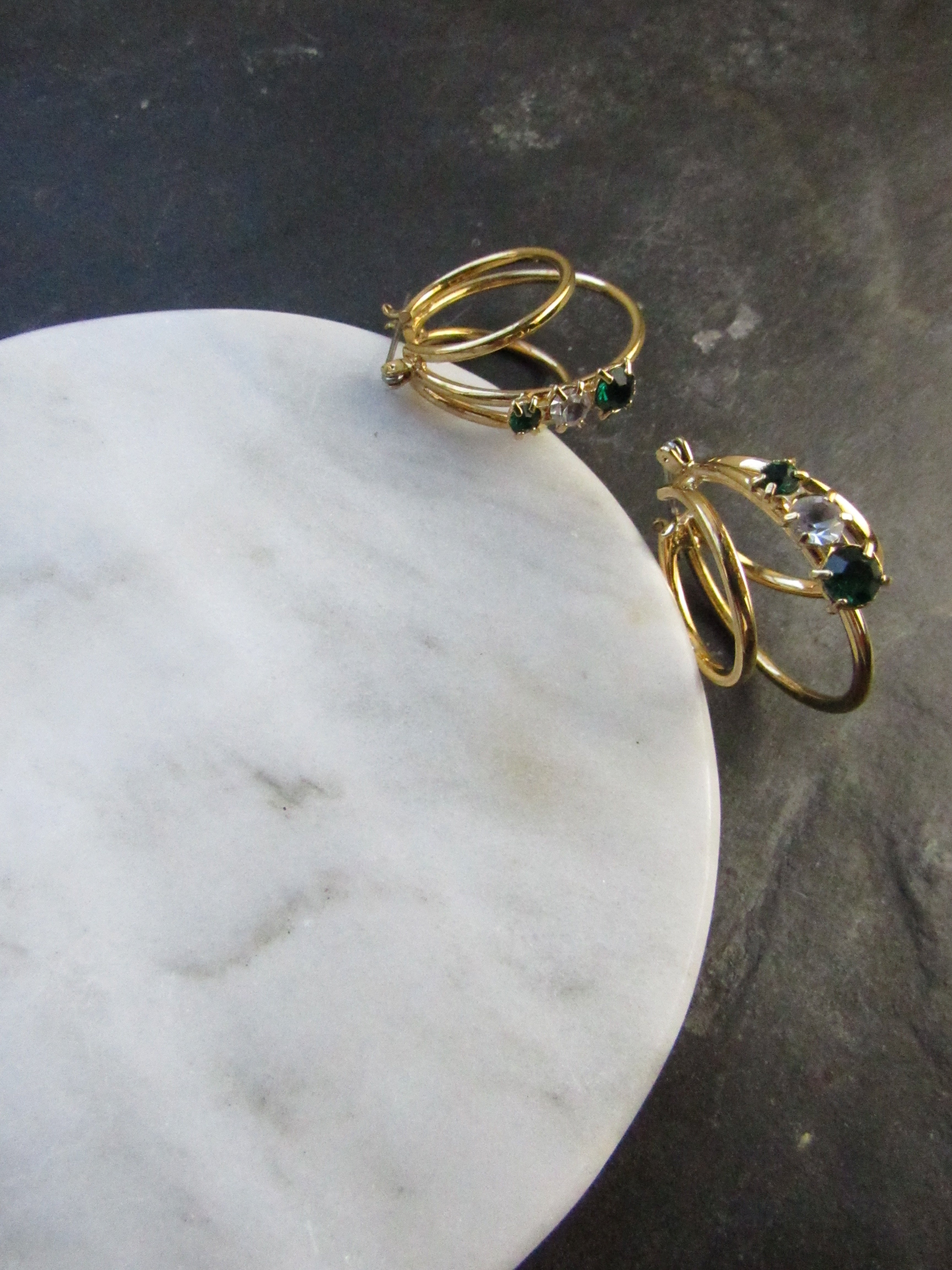 Three Circles Emerald Crystal Gold Hoop Earrings