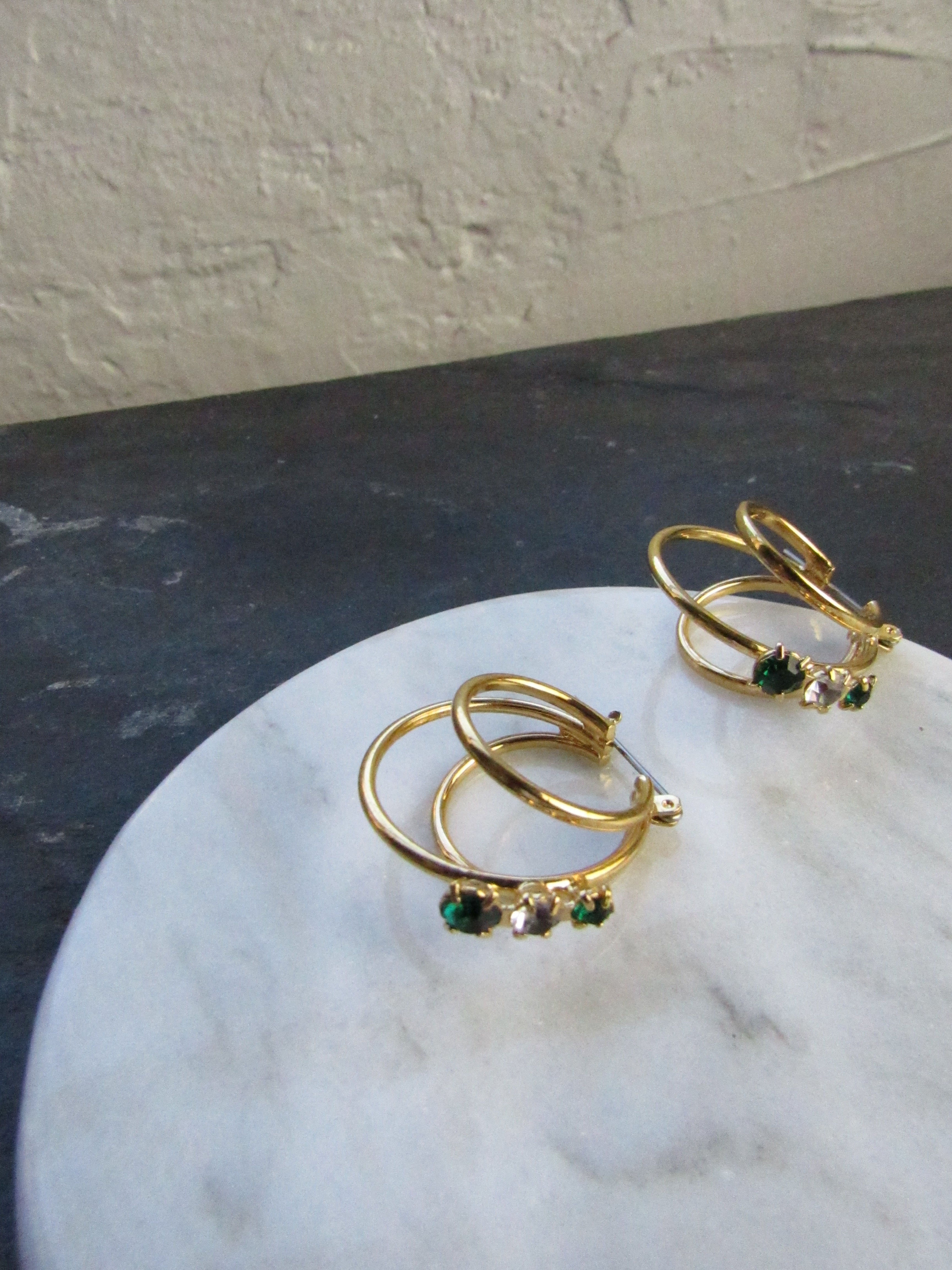 Three Circles Emerald Crystal Gold Hoop Earrings