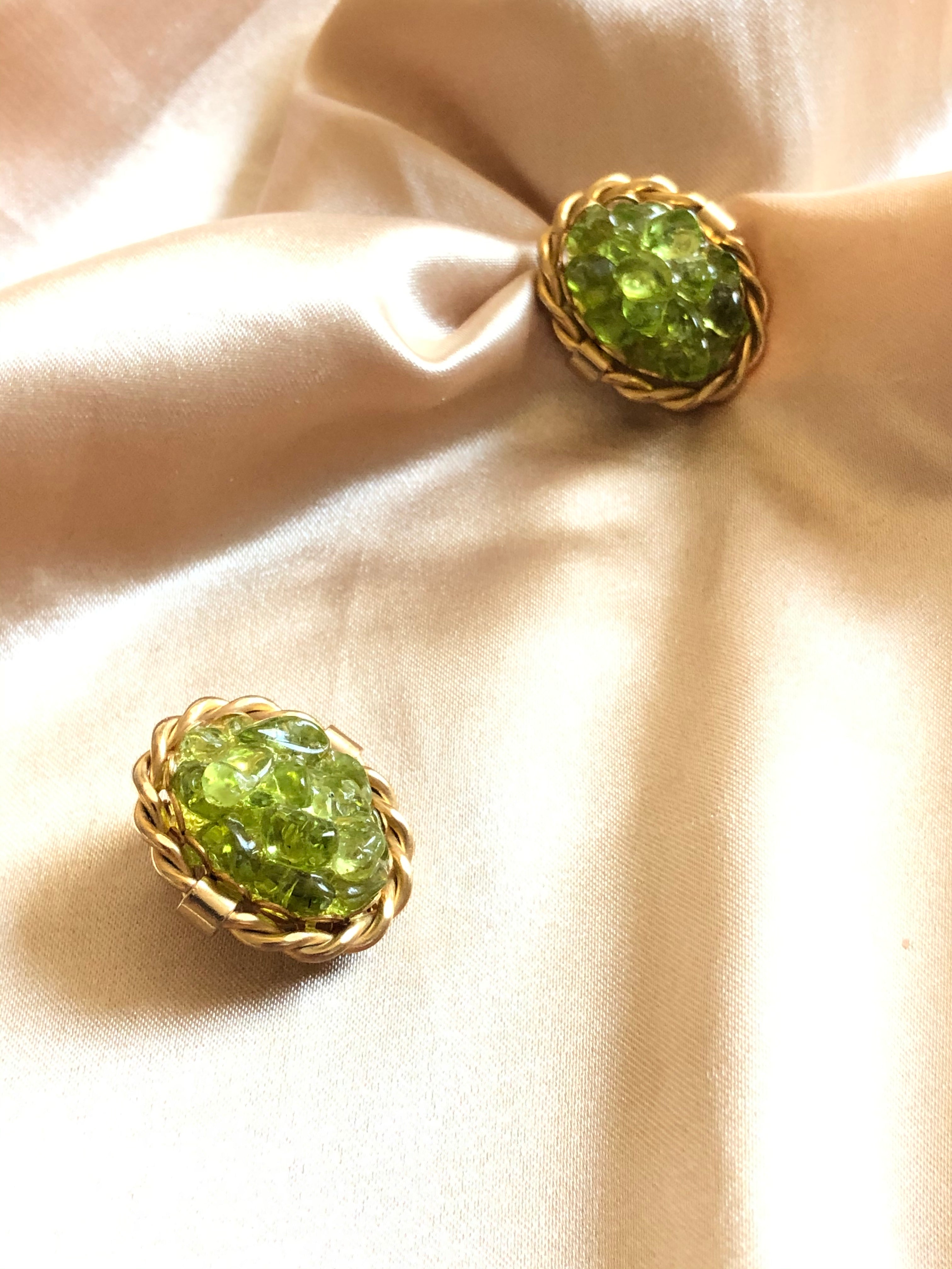 Vintage Embed Green Irregular Gem Gold Earrings