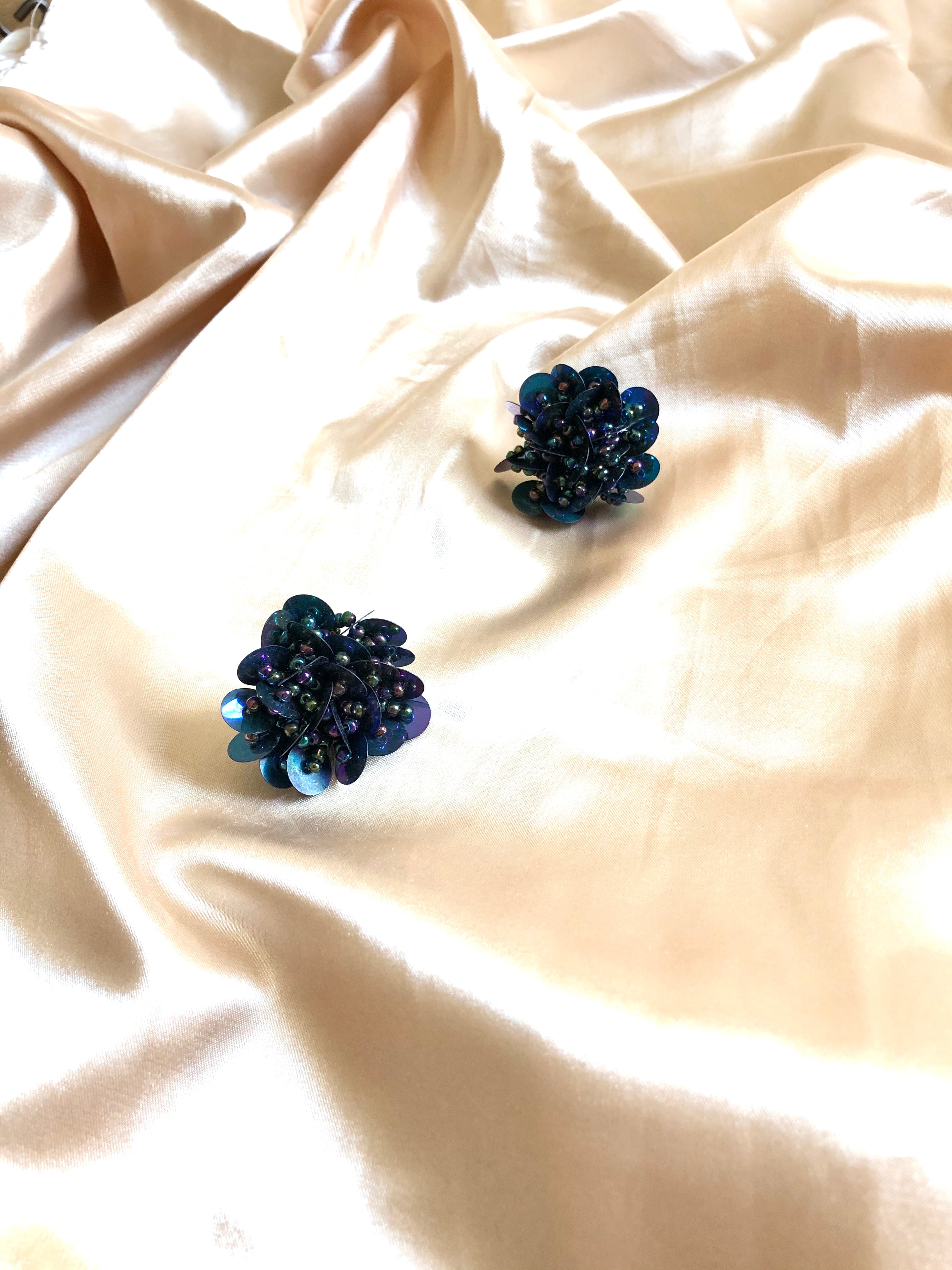 Floral Indigo Blue Sequins & Beads Statement Earrings