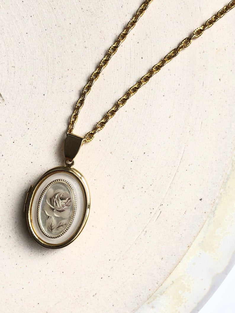 Watercolor Rose 14k Gold Plated Locket Necklace